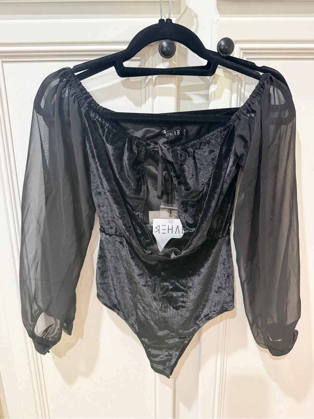 NWT REHAB Black Velvet Bodysuit with Sheer Puff Sleeves
